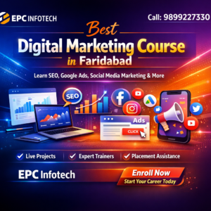 EPC Infotech digital marketing course banner in Faridabad with SEO, social media training and contact number 9899227330