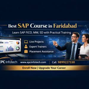 EPC Infotech SAP course banner in Faridabad with FICO, MM, SD training, website www.epcinfotech.com and contact number 9899227330