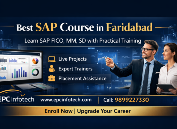 EPC Infotech SAP course banner in Faridabad with FICO, MM, SD training, website www.epcinfotech.com and contact number 9899227330