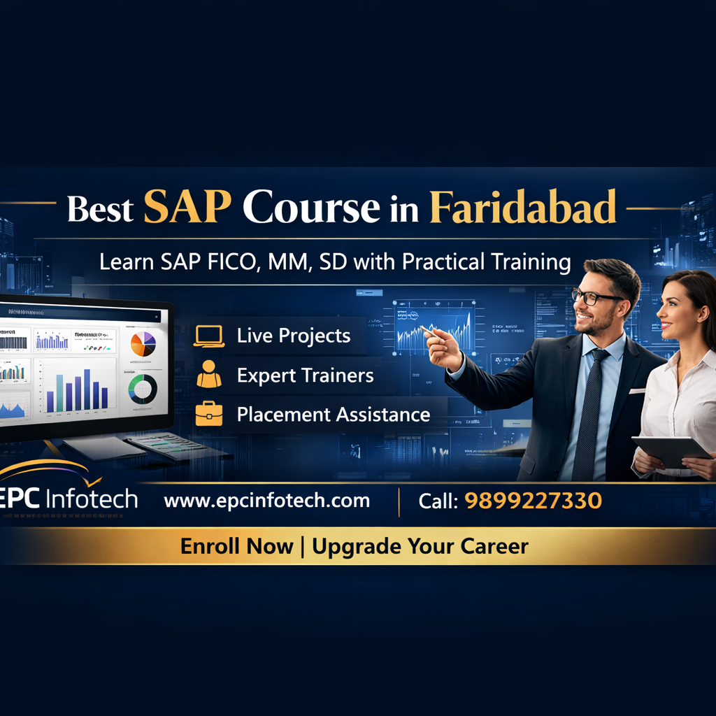 EPC Infotech SAP course banner in Faridabad with FICO, MM, SD training, website www.epcinfotech.com and contact number 9899227330