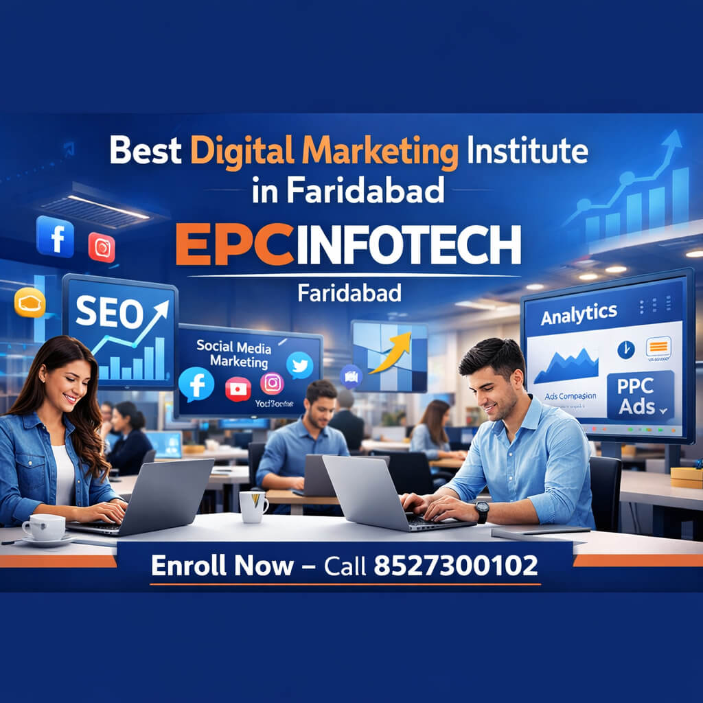 Best digital marketing institute in Faridabad EPCINFOTECH classroom with students learning SEO social media and online marketing skills
